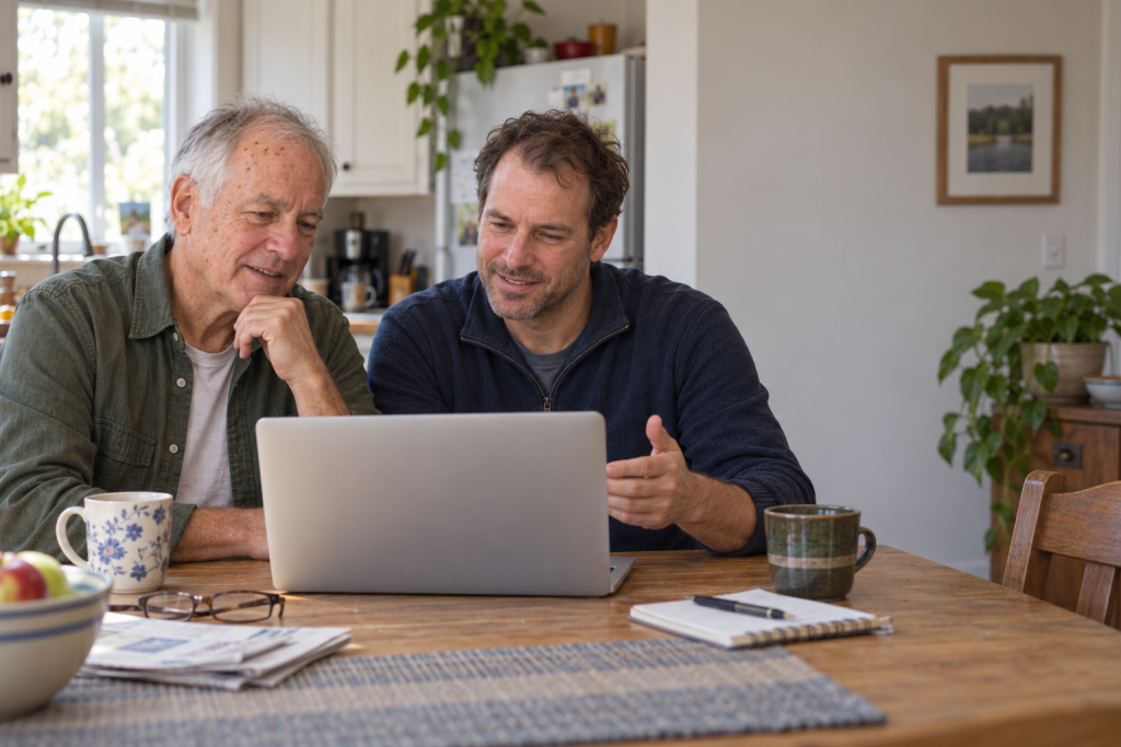 Father and adult son reviewing information together